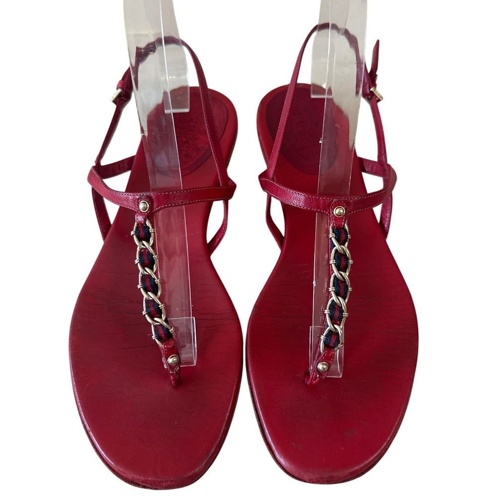 Gucci Web Chain Red Leather T-Strap Slingback Sandals 8.5B Italy